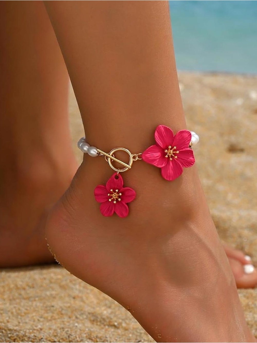 Anthropologie Hot Pink Floral Pearl Anklet with Gold Toggle